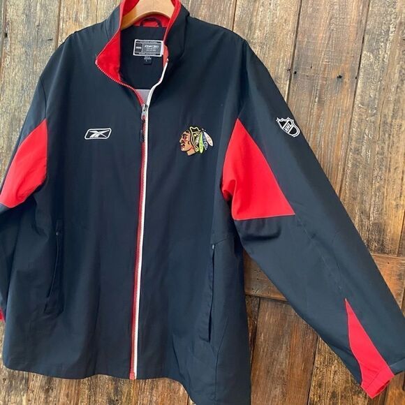 RBK Sz L Black Red Chicago Indian Logo Blackhawks Hockey Windbreaker Jacket - Picture 5 of 12
